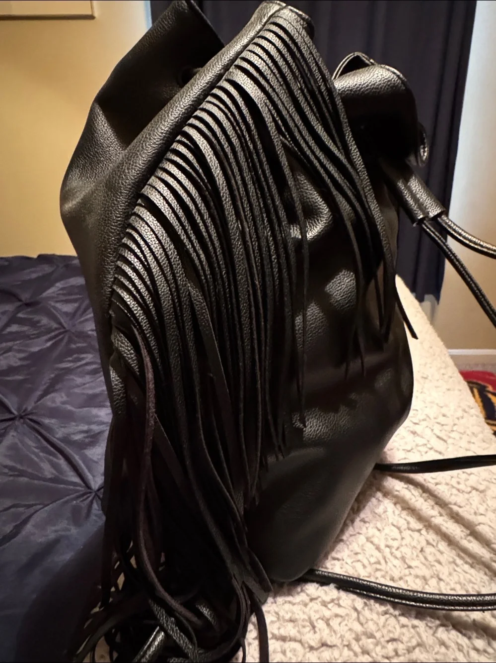 Victoria's Secret Black Fringe Drawstring Hobo Bag